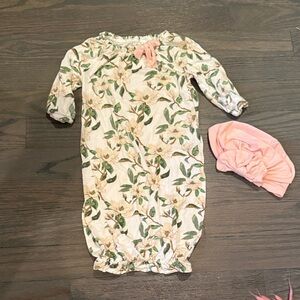 Mud Pie Baby Gown with Floral Accents & Hat